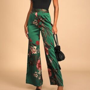 Lulus Thriving Vibes Green Floral Print Satin Wide-leg Pants - multiple sizes!